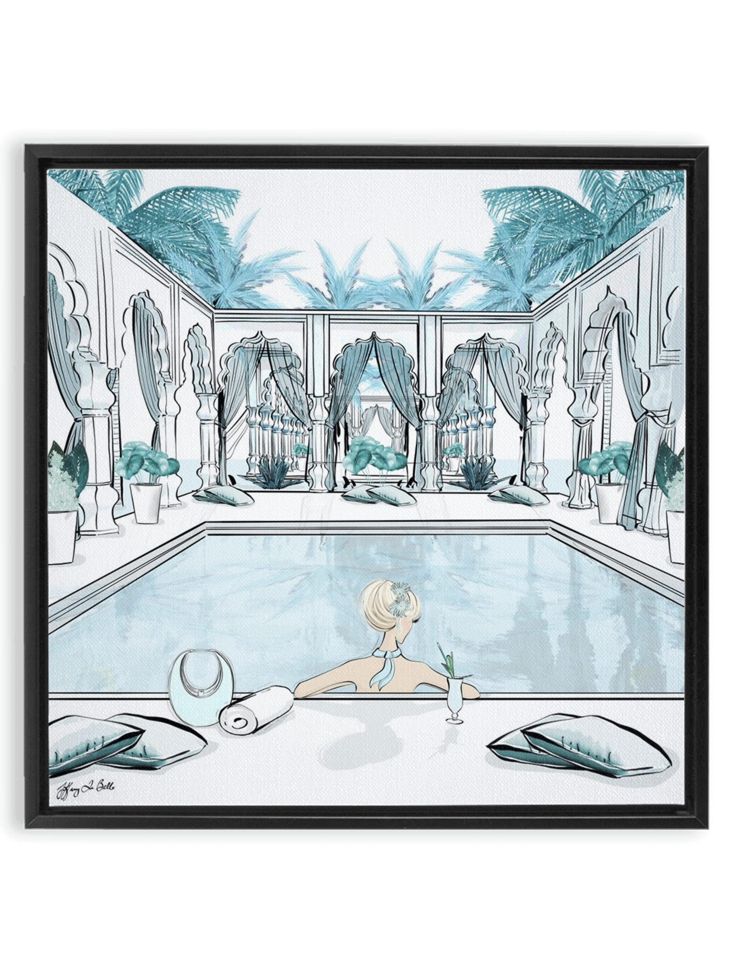 Moroccan Pool Time Blue - Illustration - Canvas Gallery Print - Unframed or Framed - Tiffany La Belle