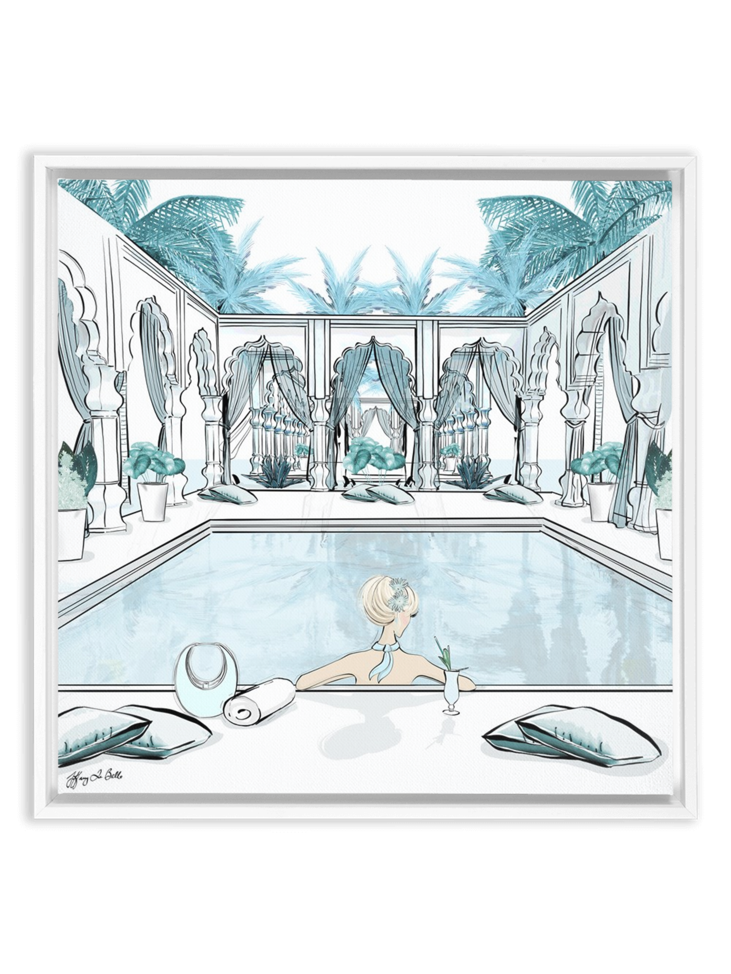Moroccan Pool Time Blue - Illustration - Canvas Gallery Print - Unframed or Framed - Tiffany La Belle