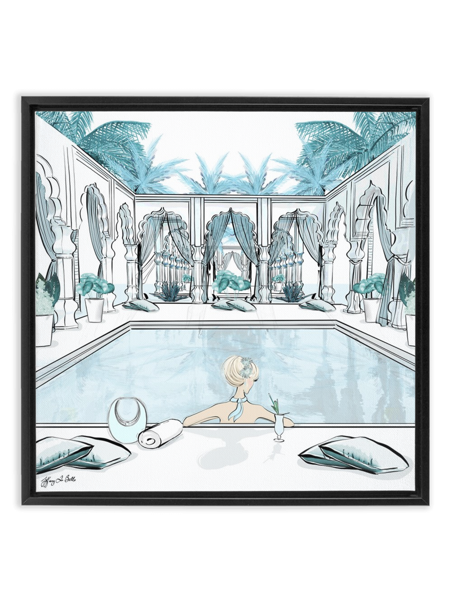 Moroccan Pool Time Blue - Illustration - Canvas Gallery Print - Unframed or Framed - Tiffany La Belle