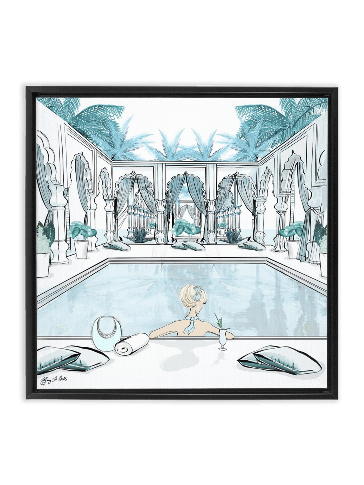 Moroccan Pool Time Blue - Illustration - Canvas Gallery Print - Unframed or Framed - Tiffany La Belle