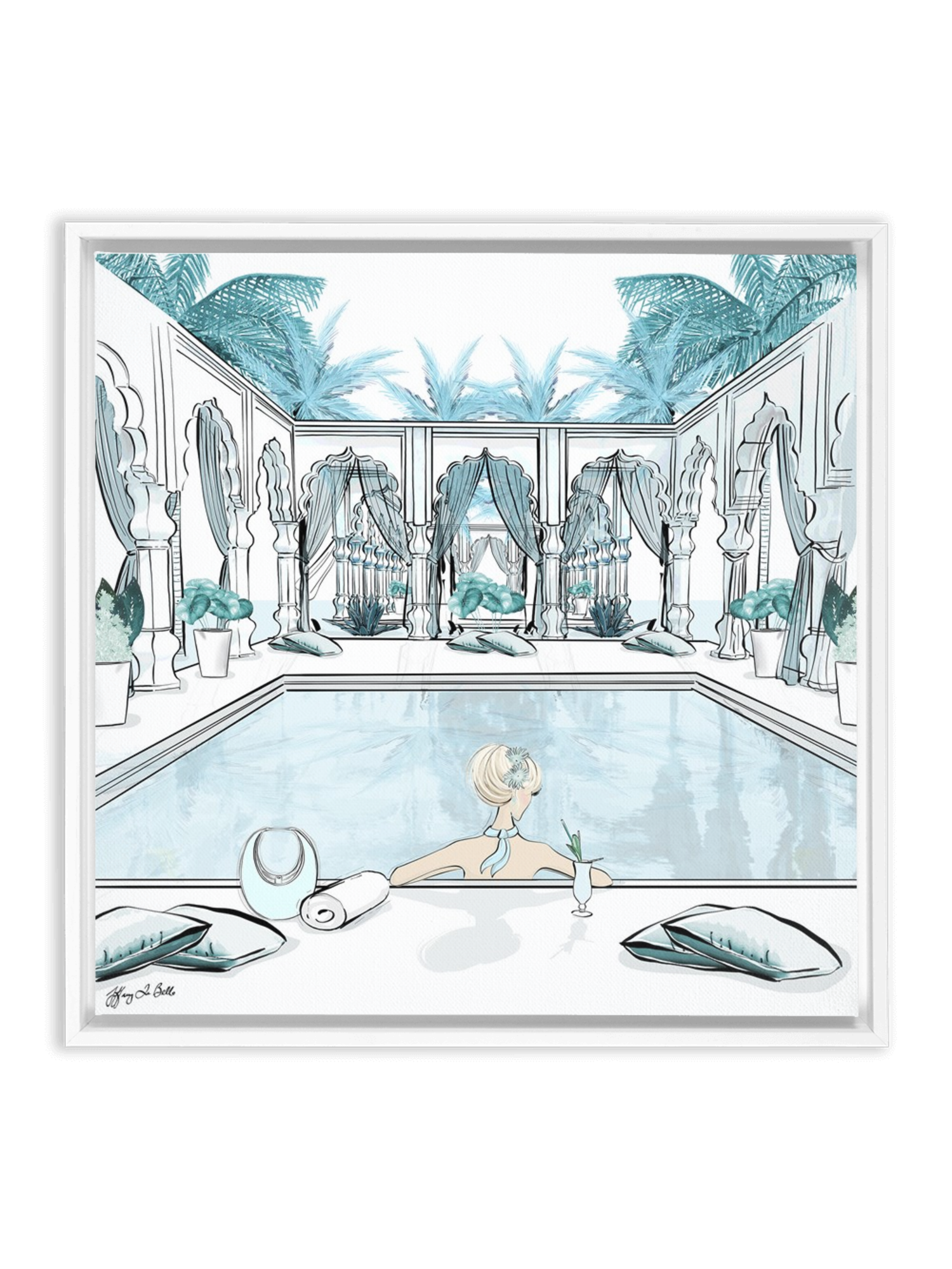 Moroccan Pool Time Blue - Illustration - Canvas Gallery Print - Unframed or Framed - Tiffany La Belle