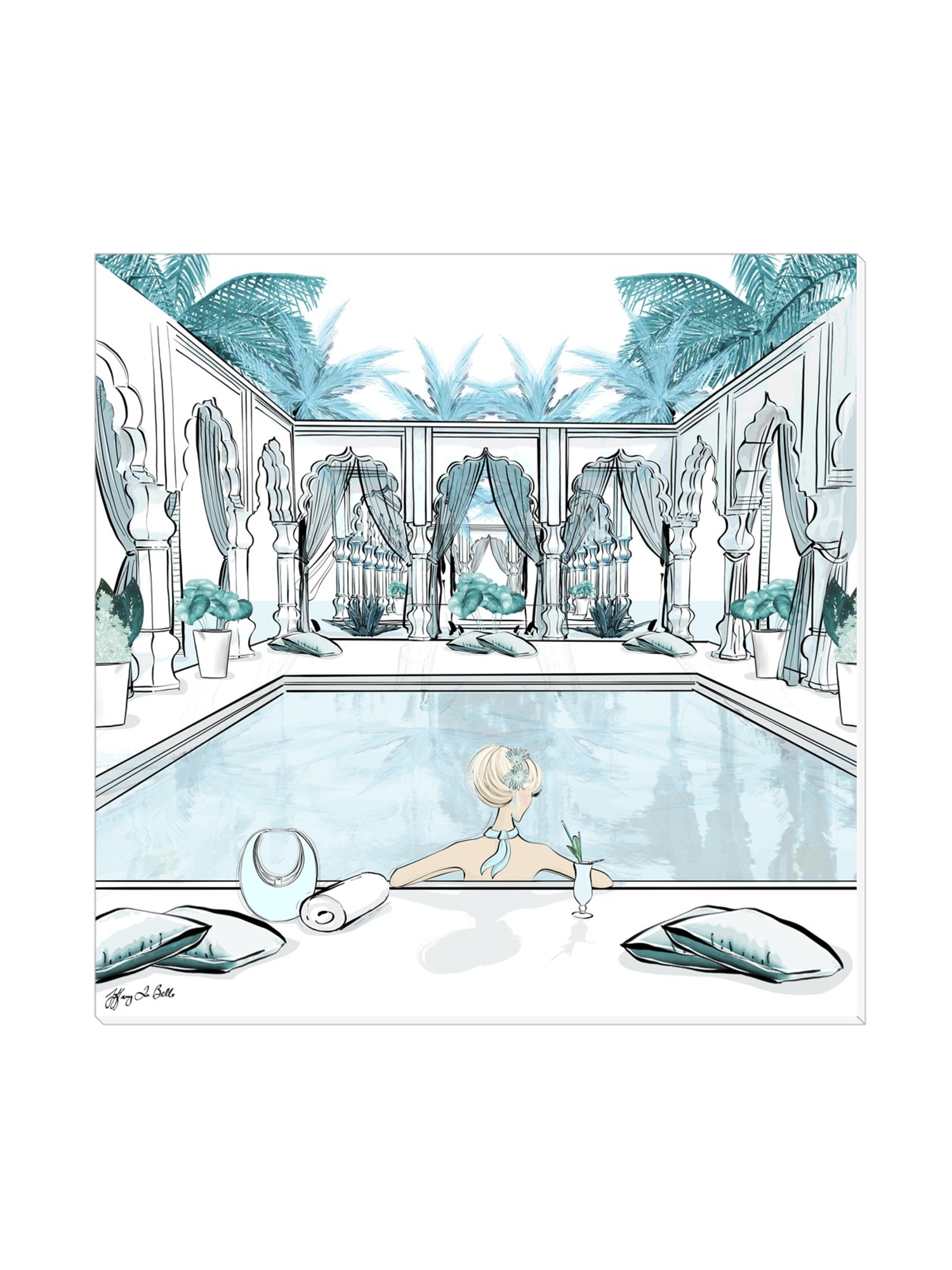 Moroccan Pool Time Blue - Illustration - Canvas Gallery Print - Unframed or Framed - Tiffany La Belle