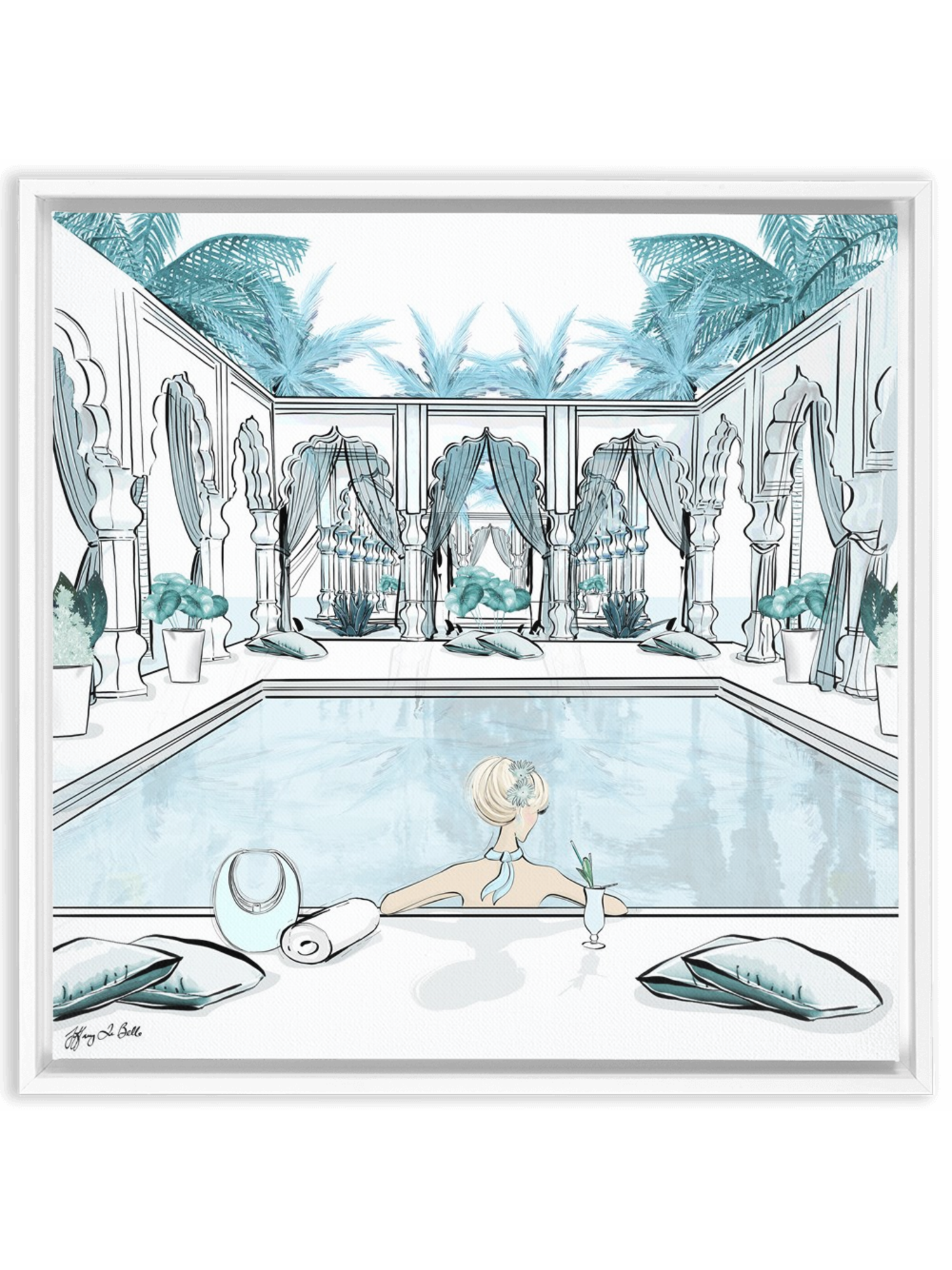 Moroccan Pool Time Blue - Illustration - Canvas Gallery Print - Unframed or Framed - Tiffany La Belle