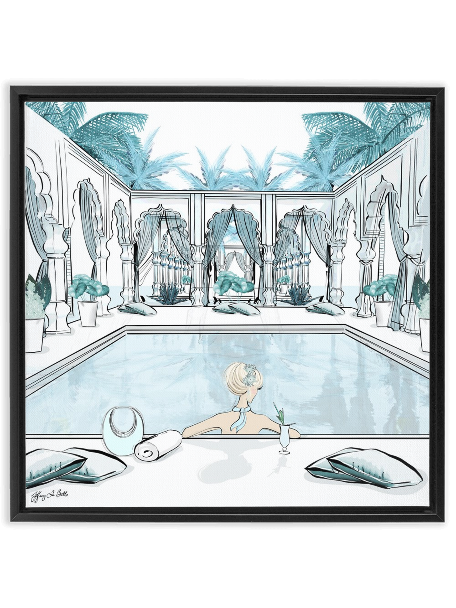 Moroccan Pool Time Blue - Illustration - Canvas Gallery Print - Unframed or Framed - Tiffany La Belle