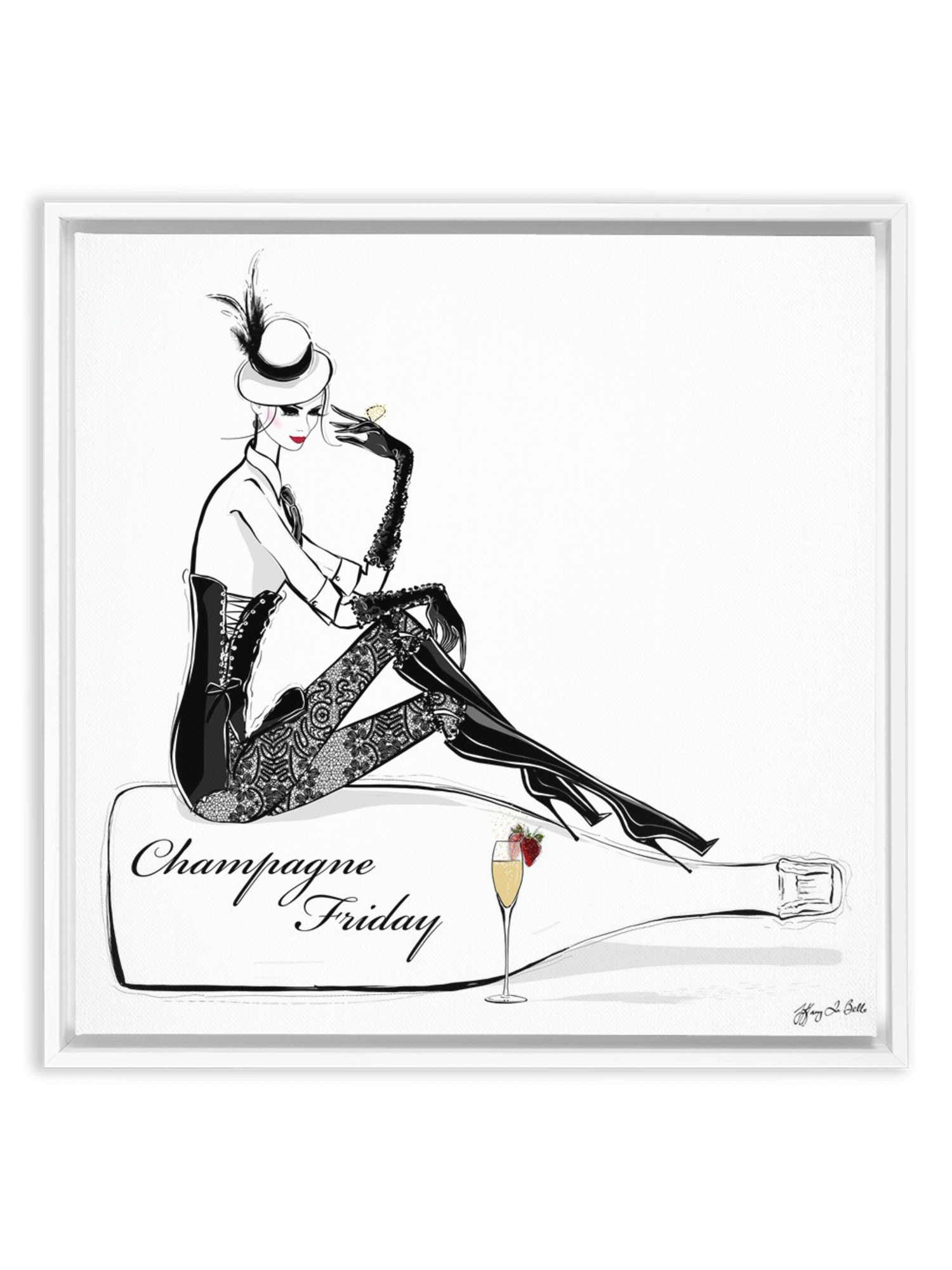 Champagne Friday with Strawberries - Illustration - Canvas Gallery Print - Unframed or Framed - Tiffany La Belle