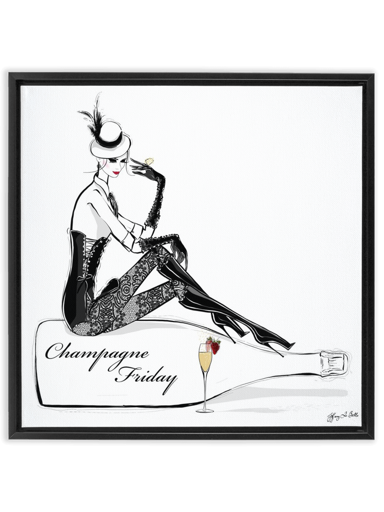 Champagne Friday with Strawberries - Illustration - Canvas Gallery Print - Unframed or Framed - Tiffany La Belle