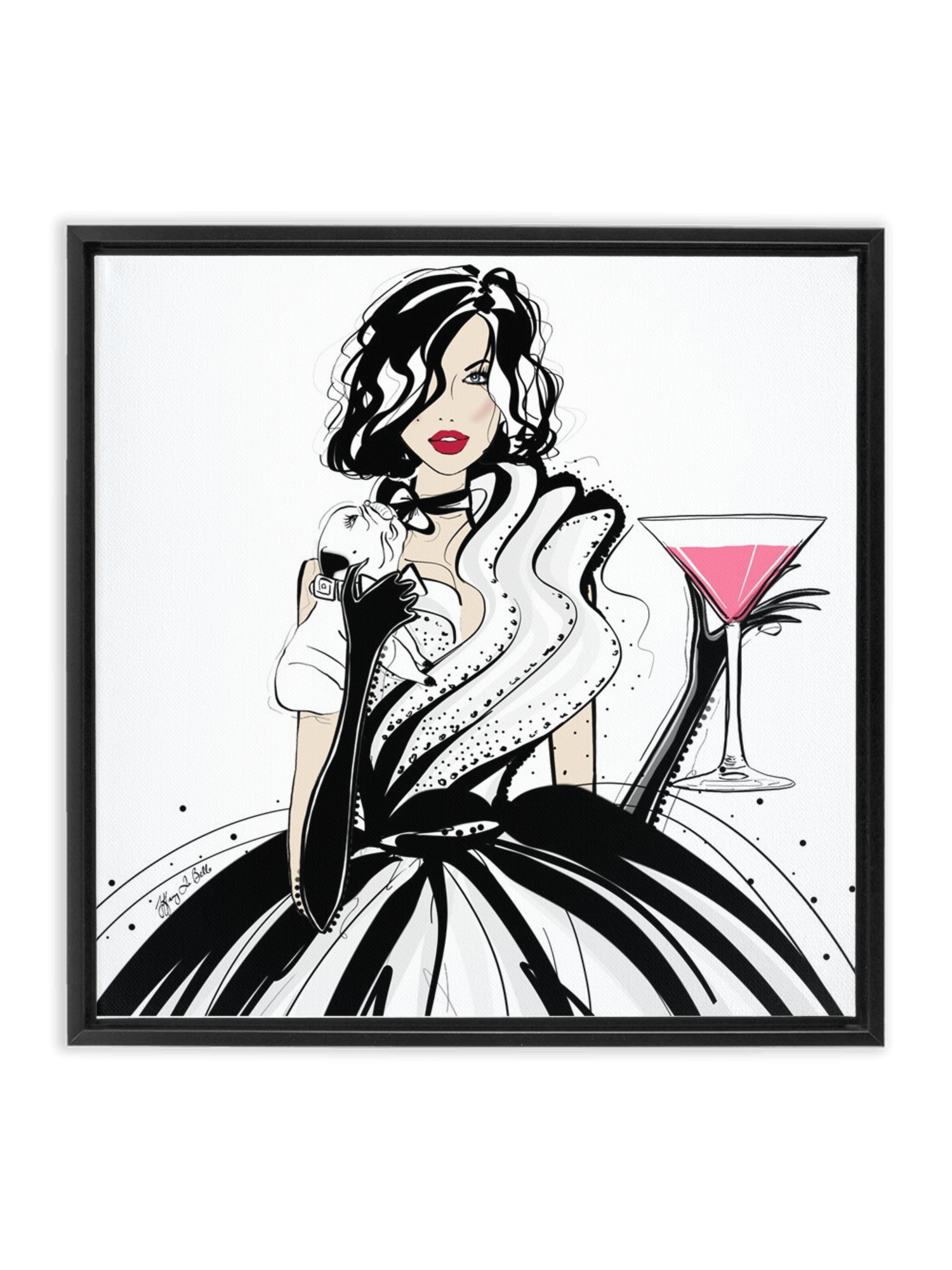 Pugs and Pink Drinks - Illustration - Canvas Gallery Print - Unframed or Framed - Tiffany La Belle
