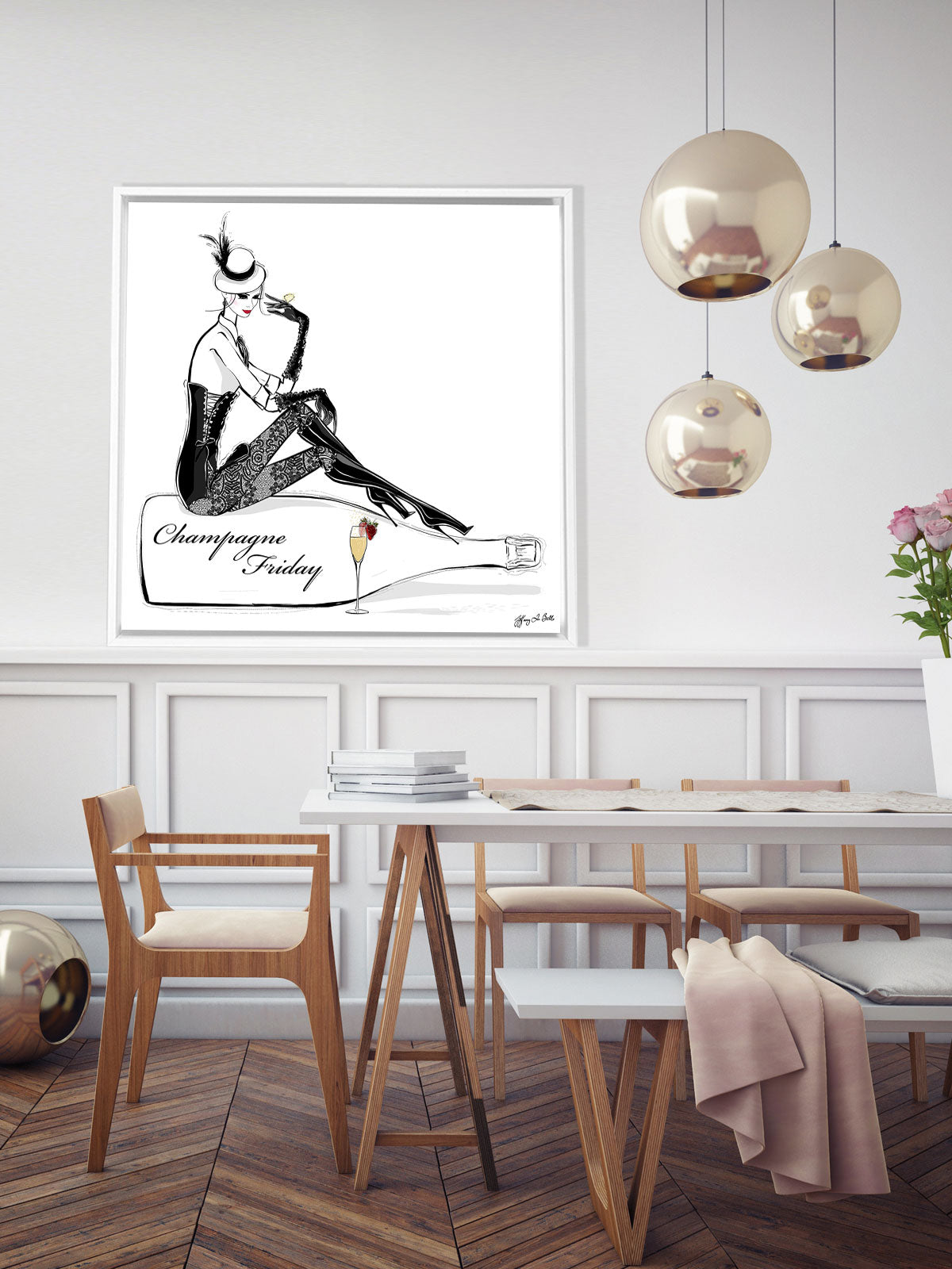 Champagne Friday with Strawberries - Illustration - Canvas Gallery Print - Unframed or Framed - Tiffany La Belle