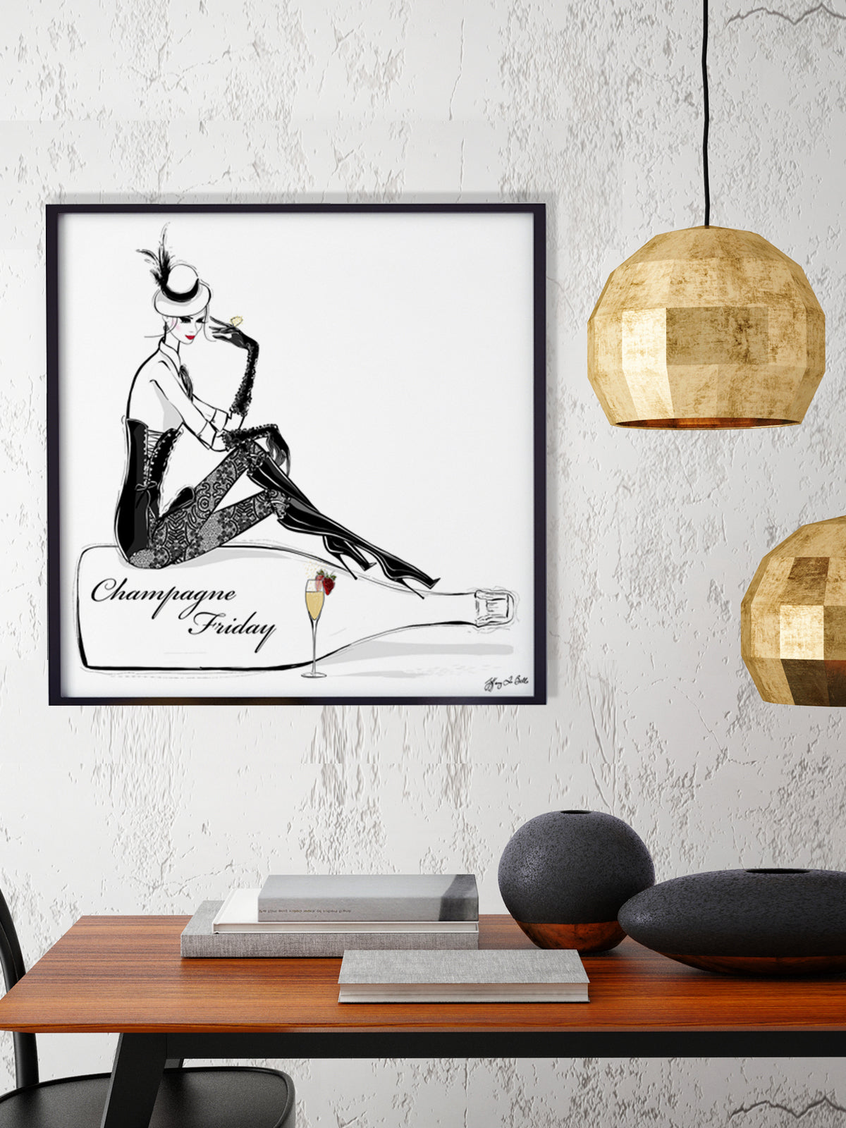 Champagne Friday with Strawberries - Illustration - Limited Edition Print - Tiffany La Belle