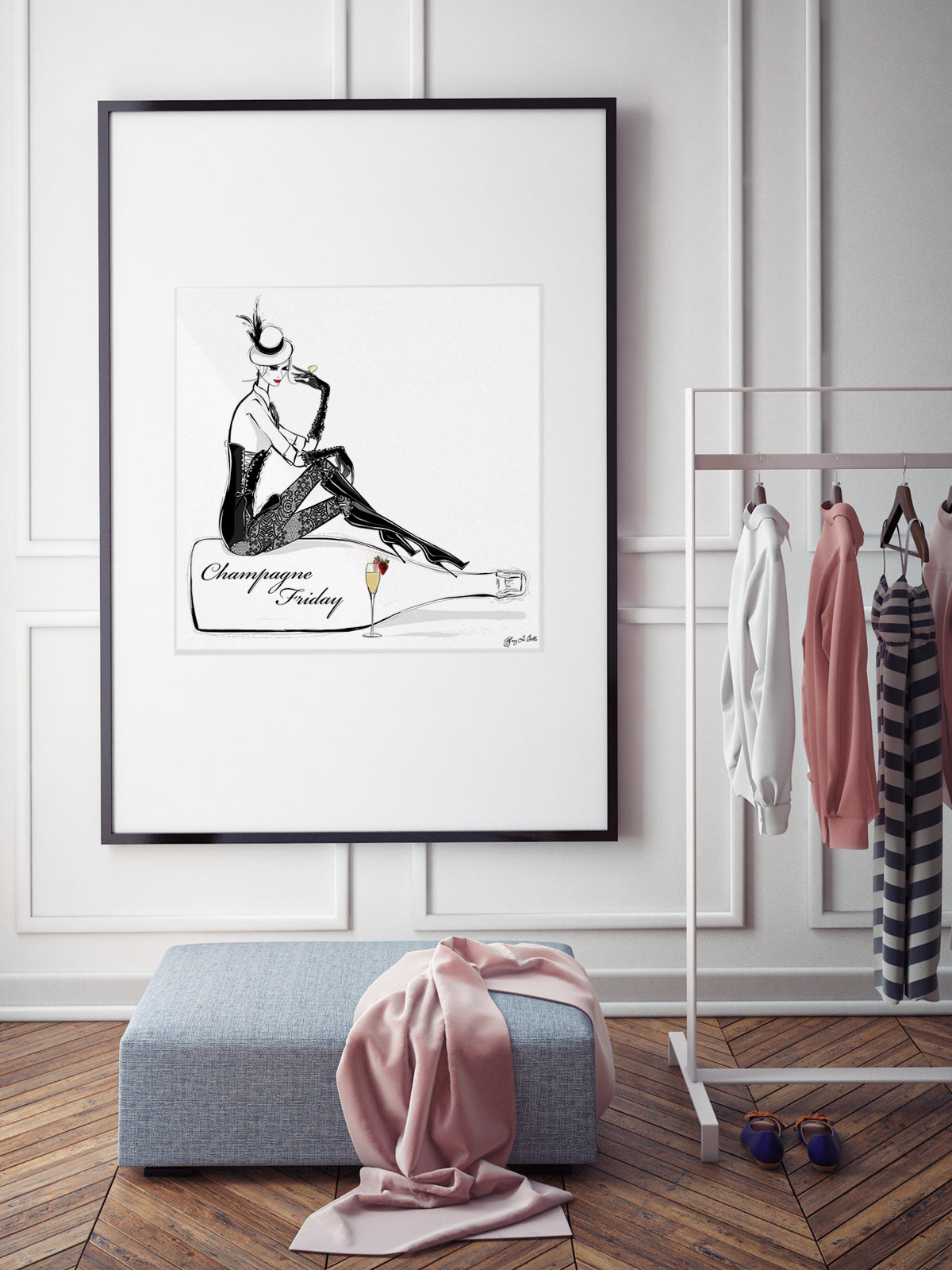 Champagne Friday with Strawberries - Illustration - Limited Edition Print - Tiffany La Belle