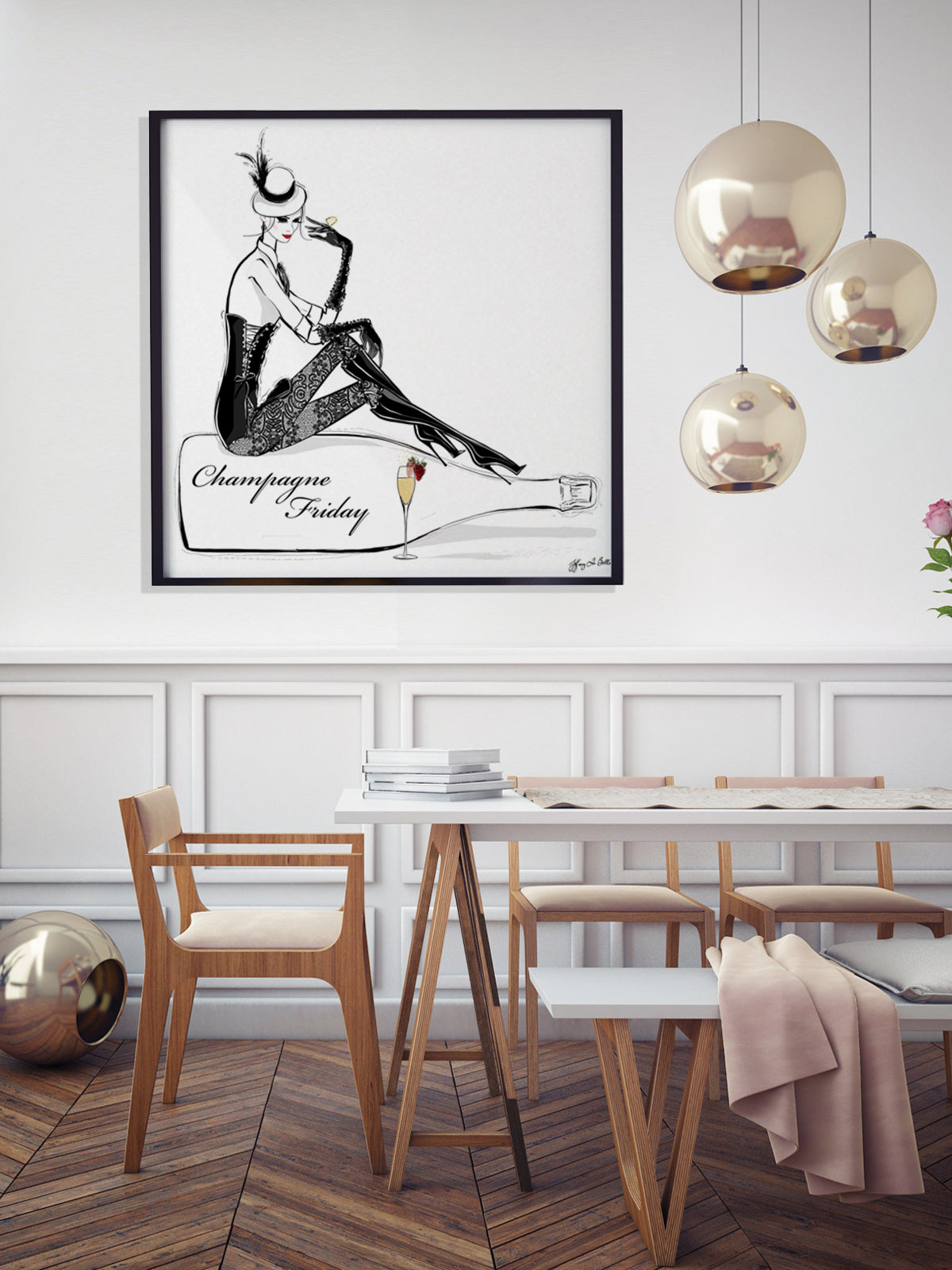 Champagne Friday with Strawberries - Illustration - Limited Edition Print - Tiffany La Belle