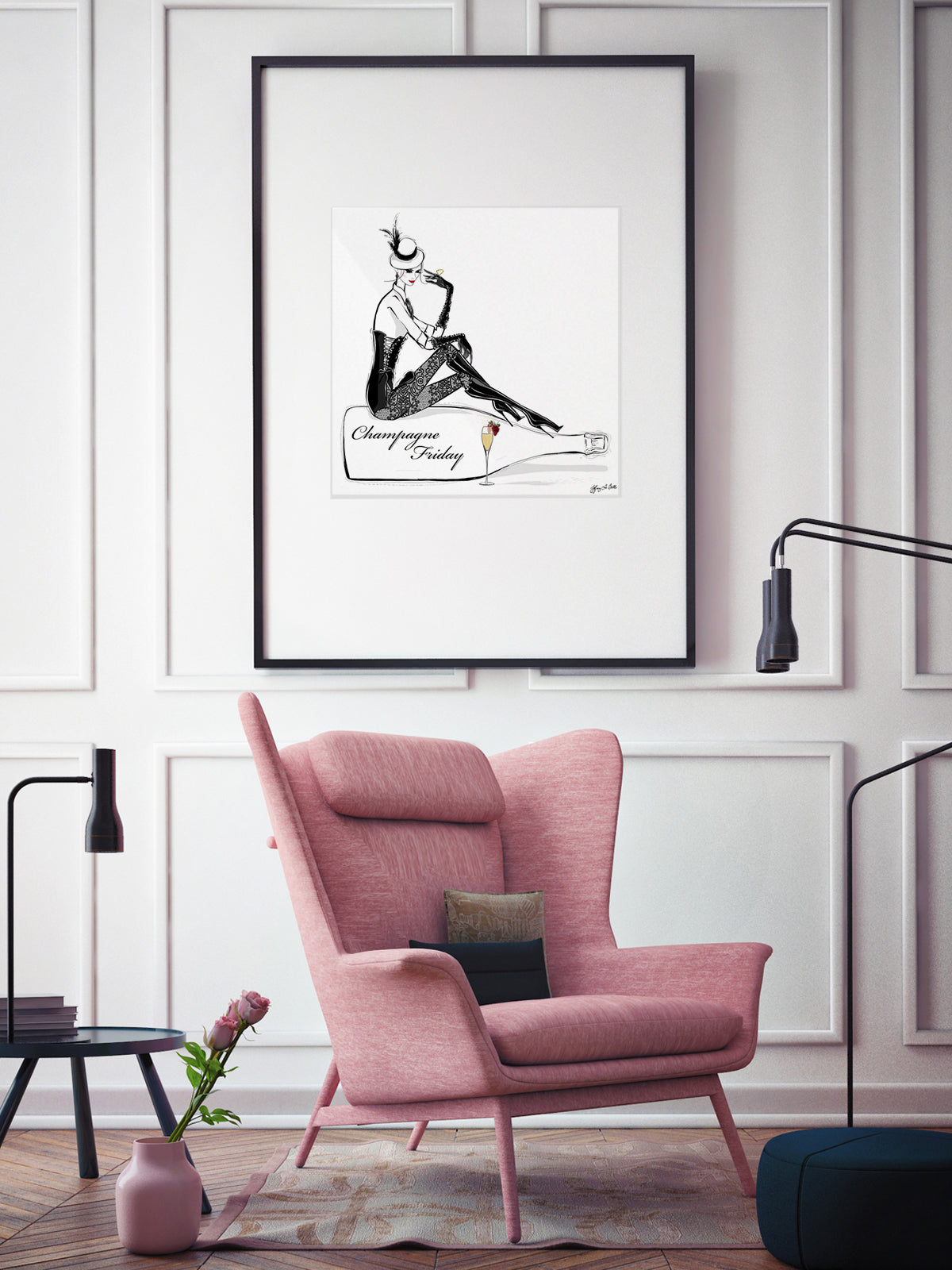 Champagne Friday with Strawberries - Illustration - Limited Edition Print - Tiffany La Belle