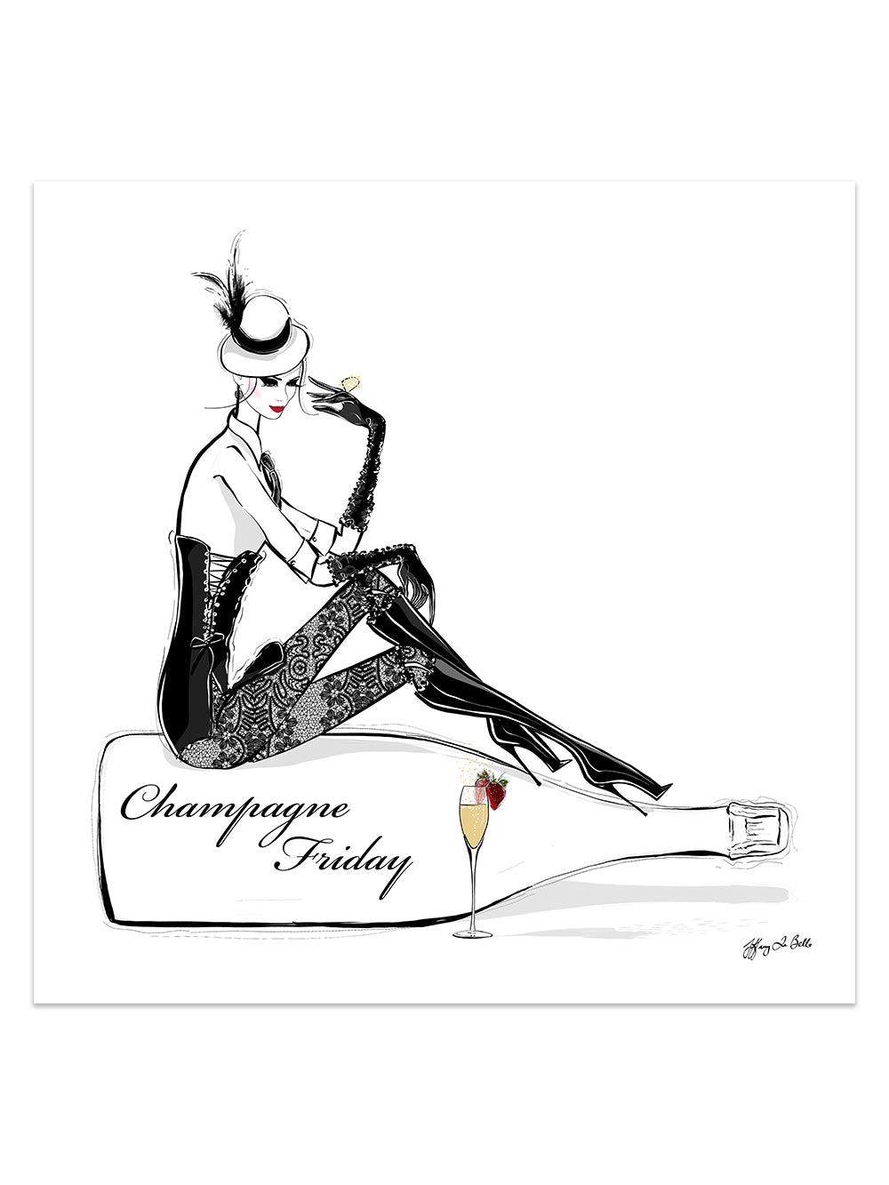 Champagne Friday with Strawberries - Illustration - Limited Edition Print - Tiffany La Belle