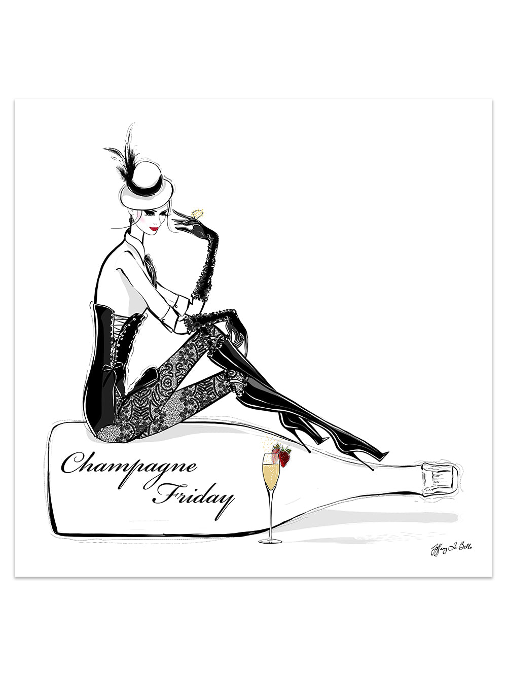 Champagne Friday with Strawberries - Illustration - Limited Edition Print - Tiffany La Belle
