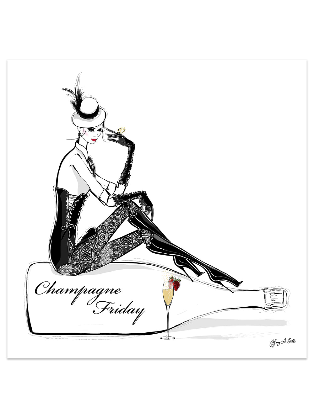 Champagne Friday with Strawberries - Illustration - Limited Edition Print - Tiffany La Belle