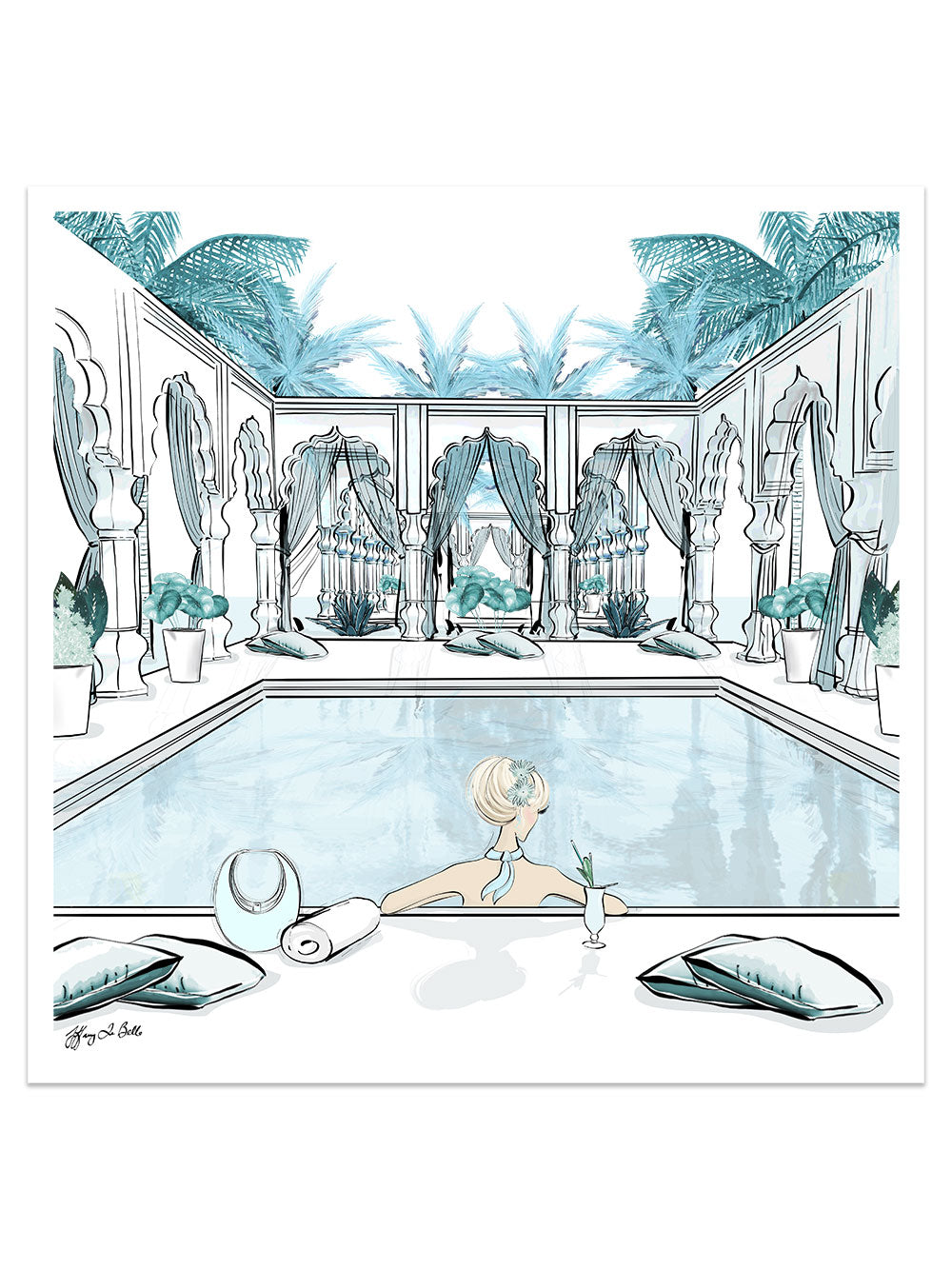 Moroccan Pool Time Blue - Illustration - Limited Edition Print - Tiffany La Belle