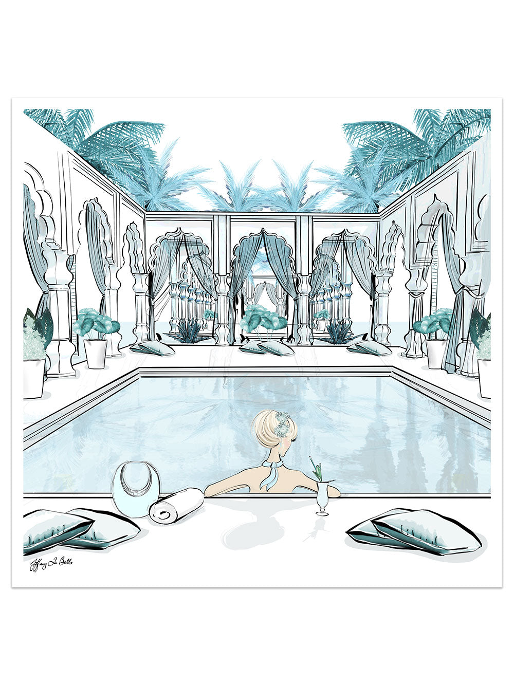 Moroccan Pool Time Blue - Illustration - Limited Edition Print - Tiffany La Belle