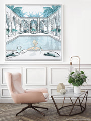 Moroccan Pool Time Blue - Illustration - Canvas Gallery Print - Unframed or Framed - Tiffany La Belle
