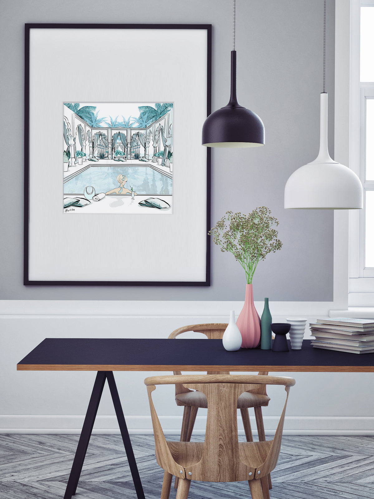 Moroccan Pool Time Blue - Illustration - Limited Edition Print - Tiffany La Belle