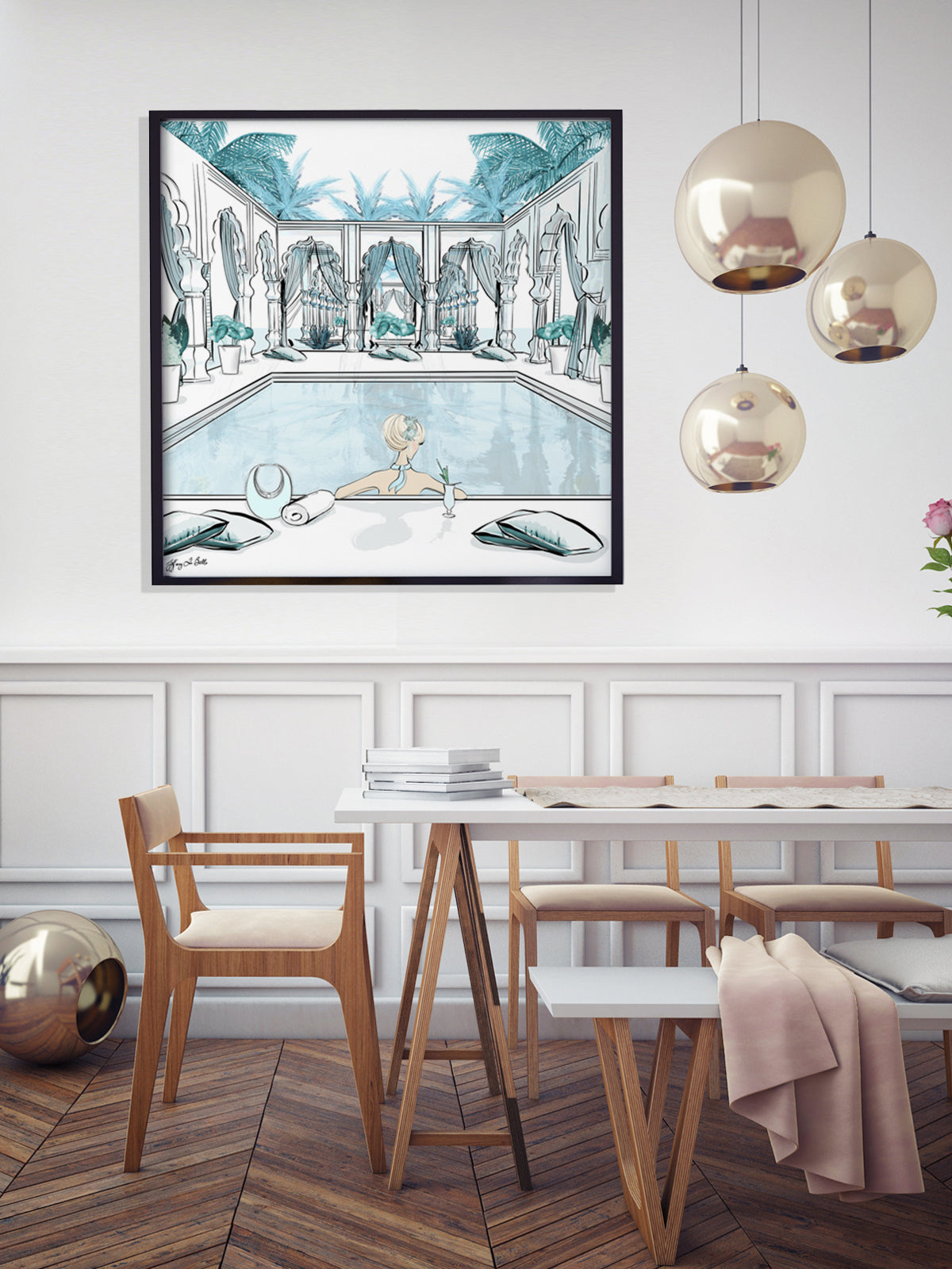 Moroccan Pool Time Blue - Illustration - Limited Edition Print - Tiffany La Belle