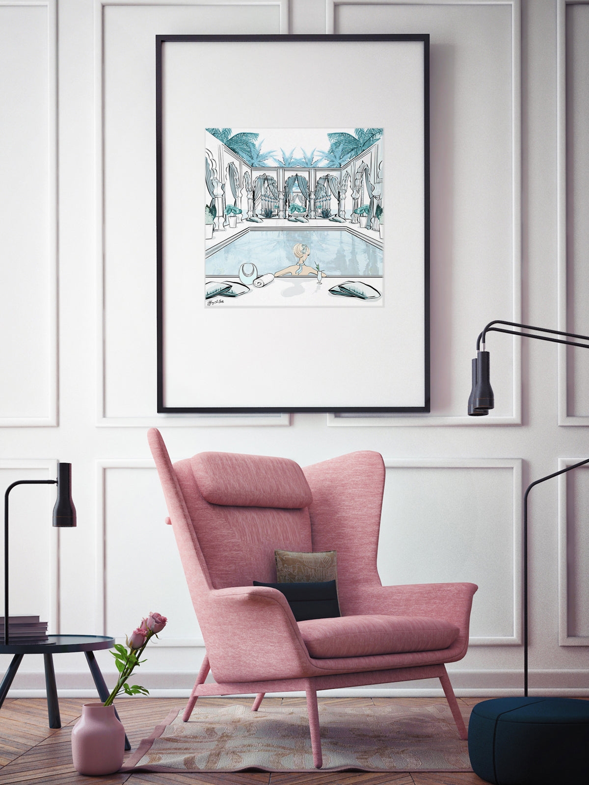 Moroccan Pool Time Blue - Illustration - Limited Edition Print - Tiffany La Belle