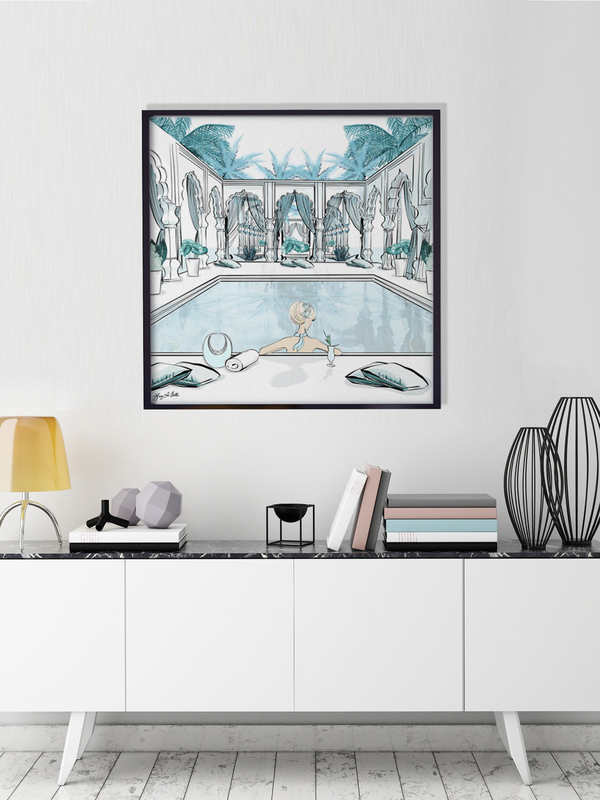 Moroccan Pool Time Blue - Illustration - Limited Edition Print - Tiffany La Belle