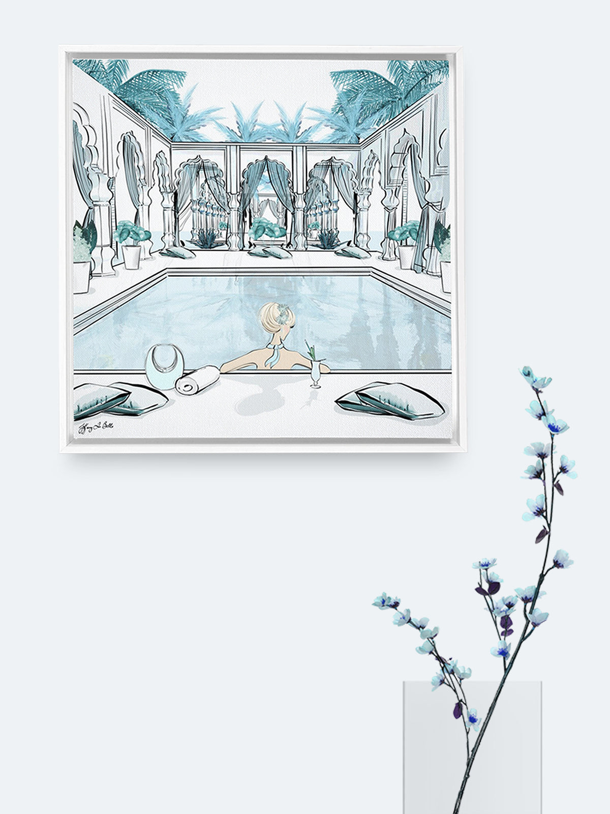 Moroccan Pool Time Blue - Illustration - Canvas Gallery Print - Unframed or Framed - Tiffany La Belle