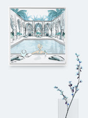 Moroccan Pool Time Blue - Illustration - Canvas Gallery Print - Unframed or Framed - Tiffany La Belle