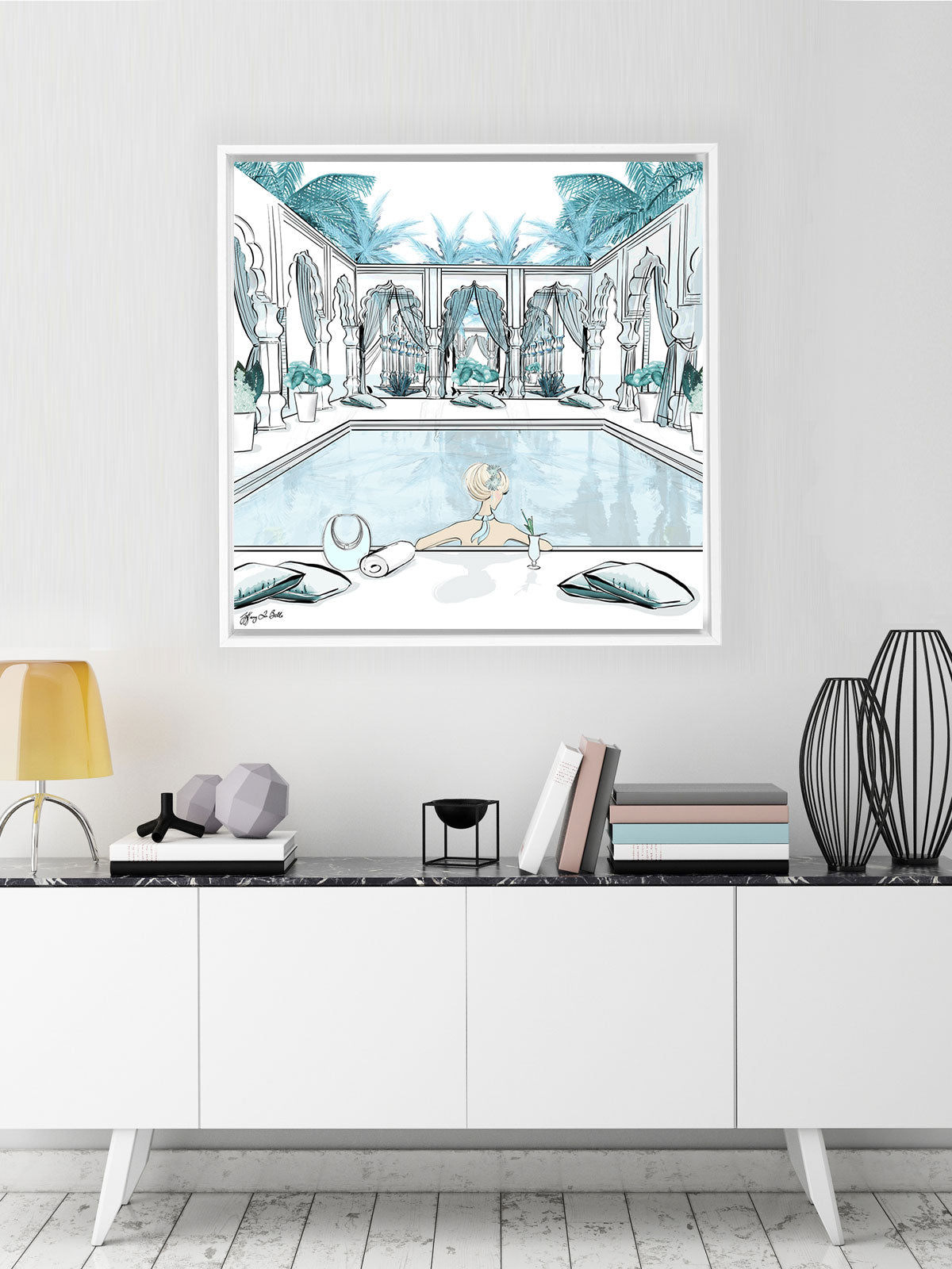 Moroccan Pool Time Blue - Illustration - Canvas Gallery Print - Unframed or Framed - Tiffany La Belle