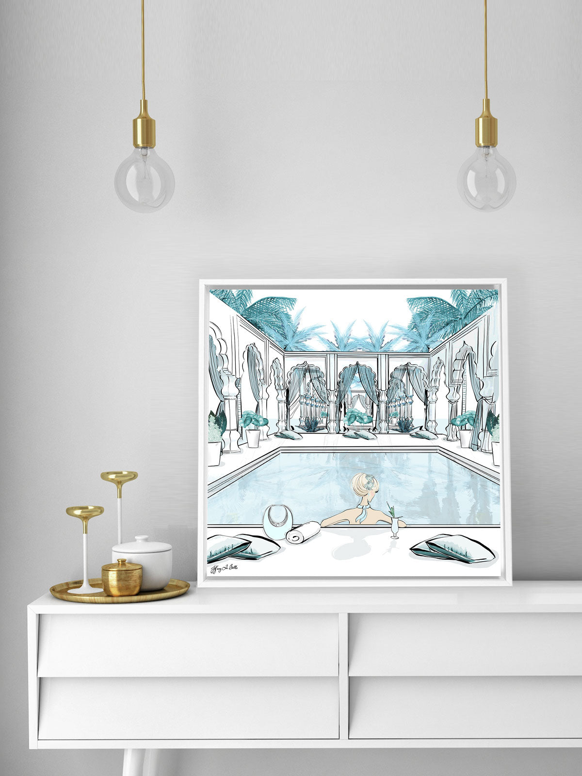 Moroccan Pool Time Blue - Illustration - Canvas Gallery Print - Unframed or Framed - Tiffany La Belle