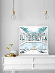 Moroccan Pool Time Blue - Illustration - Canvas Gallery Print - Unframed or Framed - Tiffany La Belle