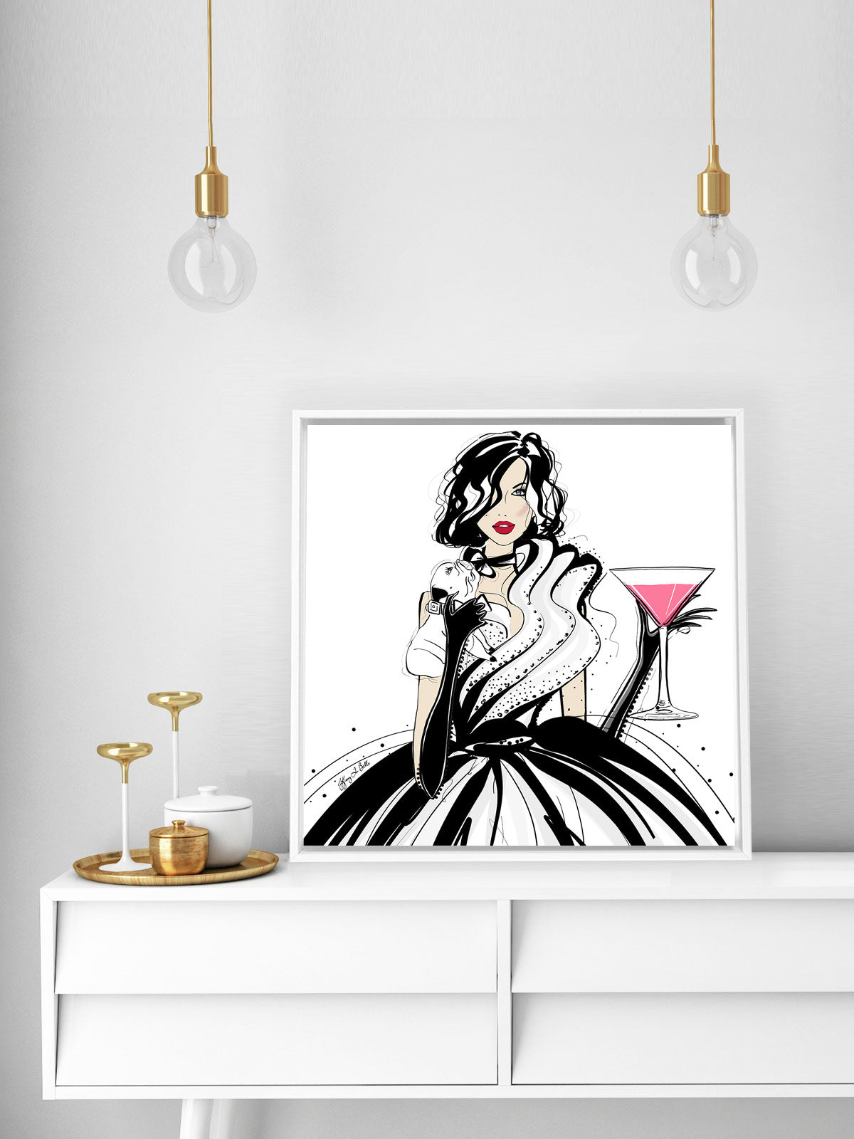 Pugs and Pink Drinks - Illustration - Canvas Gallery Print - Unframed or Framed - Tiffany La Belle