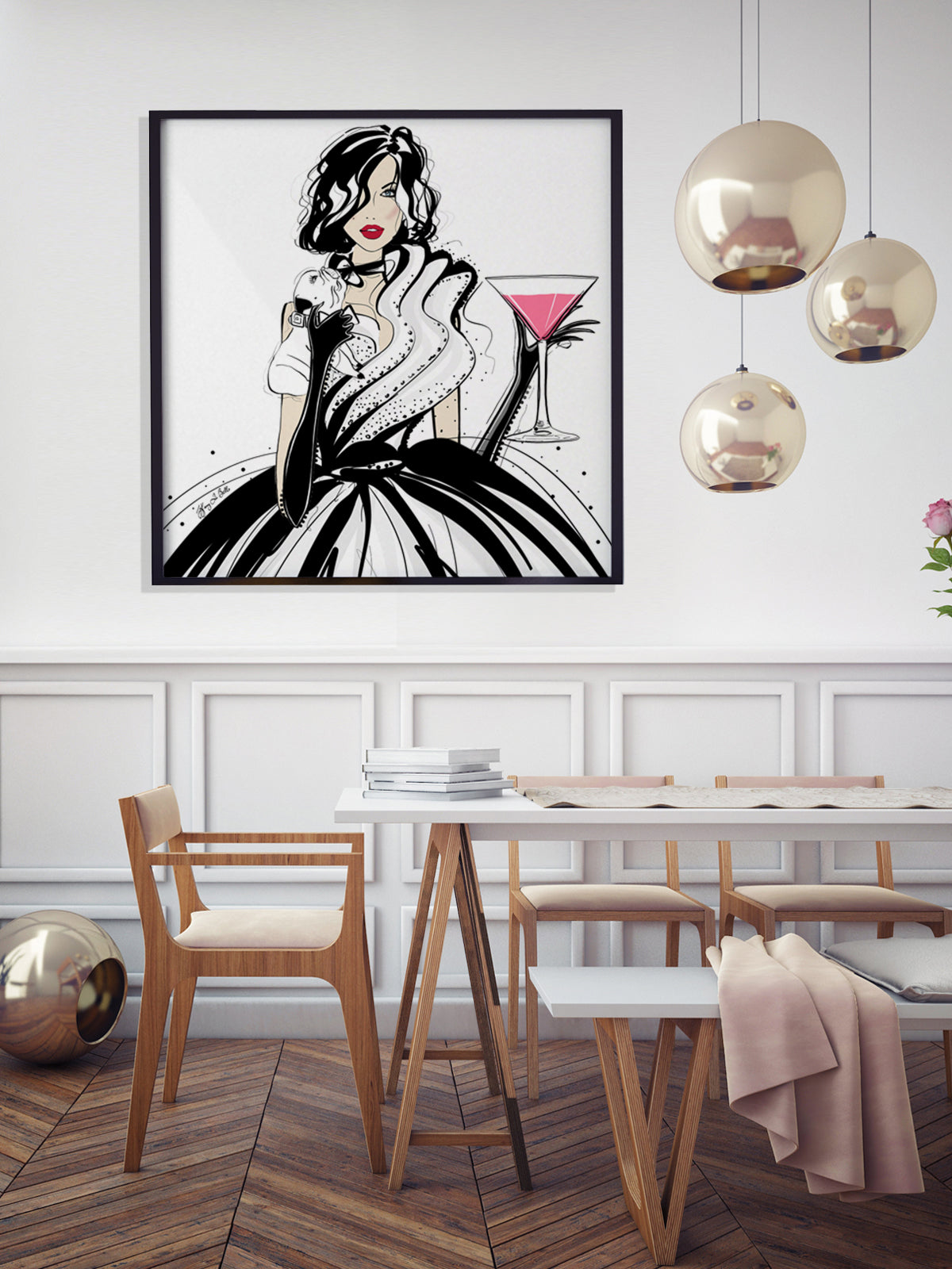 Pugs and Pink Drinks - Illustration - Limited Edition Print - Tiffany La Belle