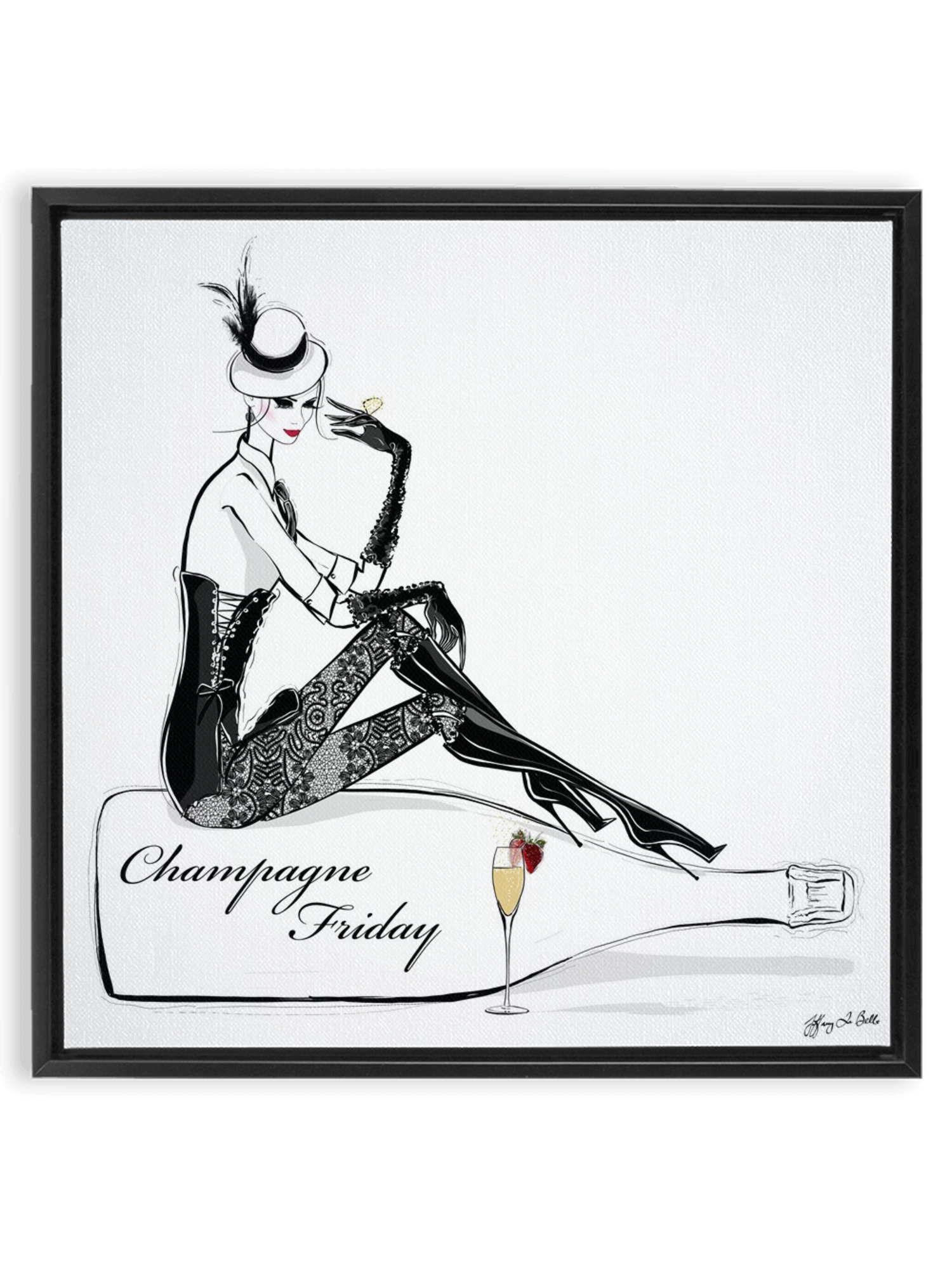 Champagne Friday with Strawberries - Illustration - Canvas Gallery Print - Unframed or Framed - Tiffany La Belle