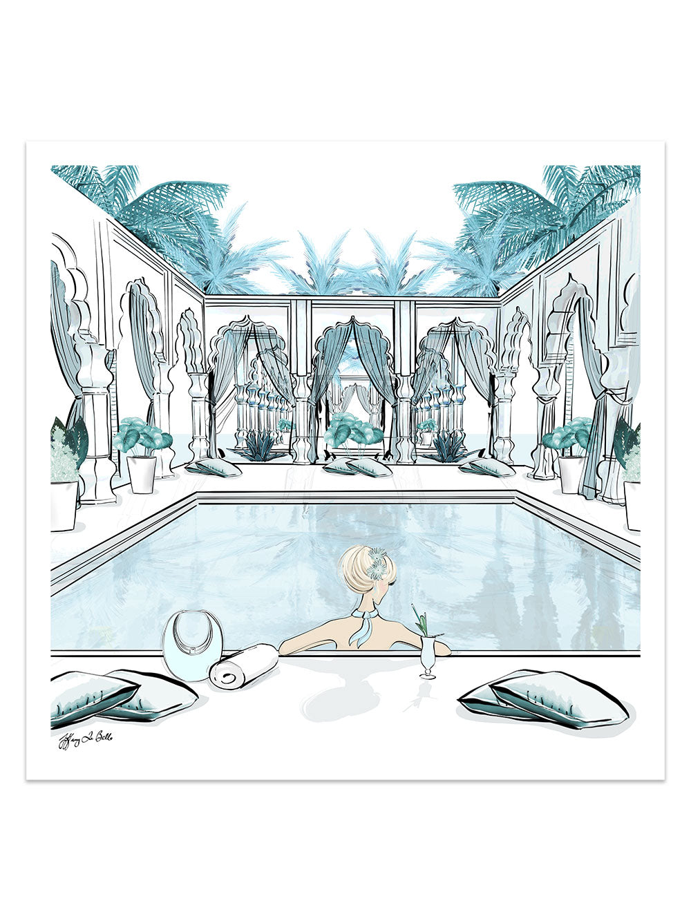 Moroccan Pool Time Blue - Illustration - Limited Edition Print - Tiffany La Belle