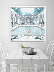Moroccan Pool Time Blue - Illustration - Canvas Gallery Print - Unframed or Framed - Tiffany La Belle